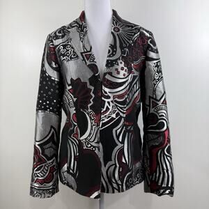 Chico's Geo Print Silver Black Red Metallic Shimmery Jacket Size 0 (4/S) Pop Art